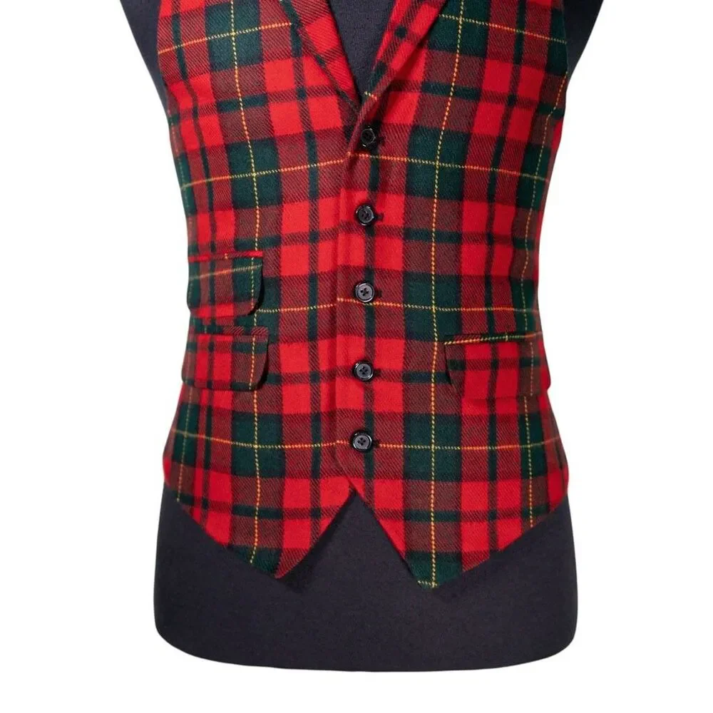 Mens Vest 40R Tartan Plaid Red Green Wool Waistcoat Formal Wedding Christmas